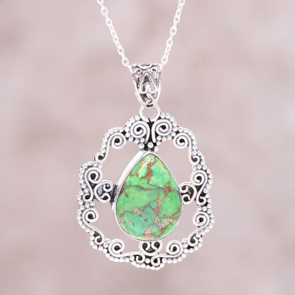 Sterling Silver Green Composite Turquoise Pendant Necklace 'Blissful Green'