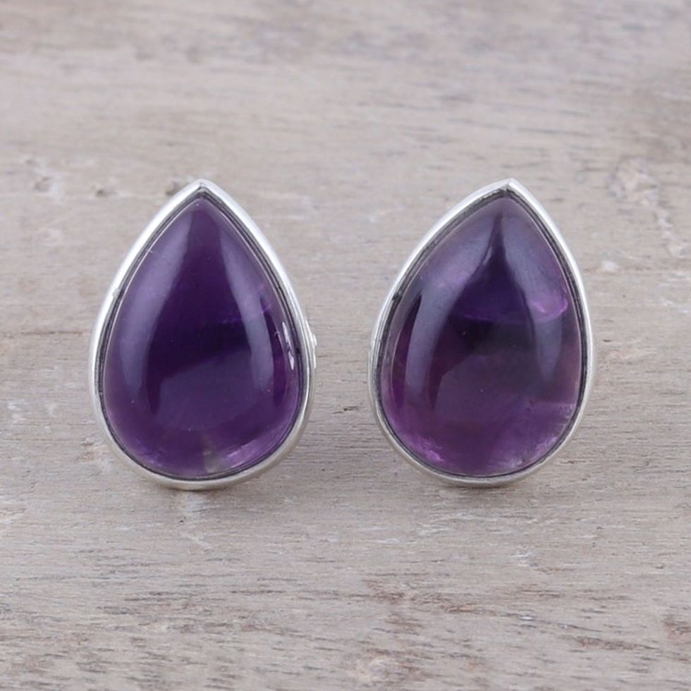 Teardrop Amethyst Button Earrings from India 'Mystic Tears'