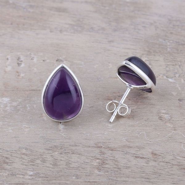 Alternate image for Teardrop Amethyst Button Earrings from India Mystic Tears