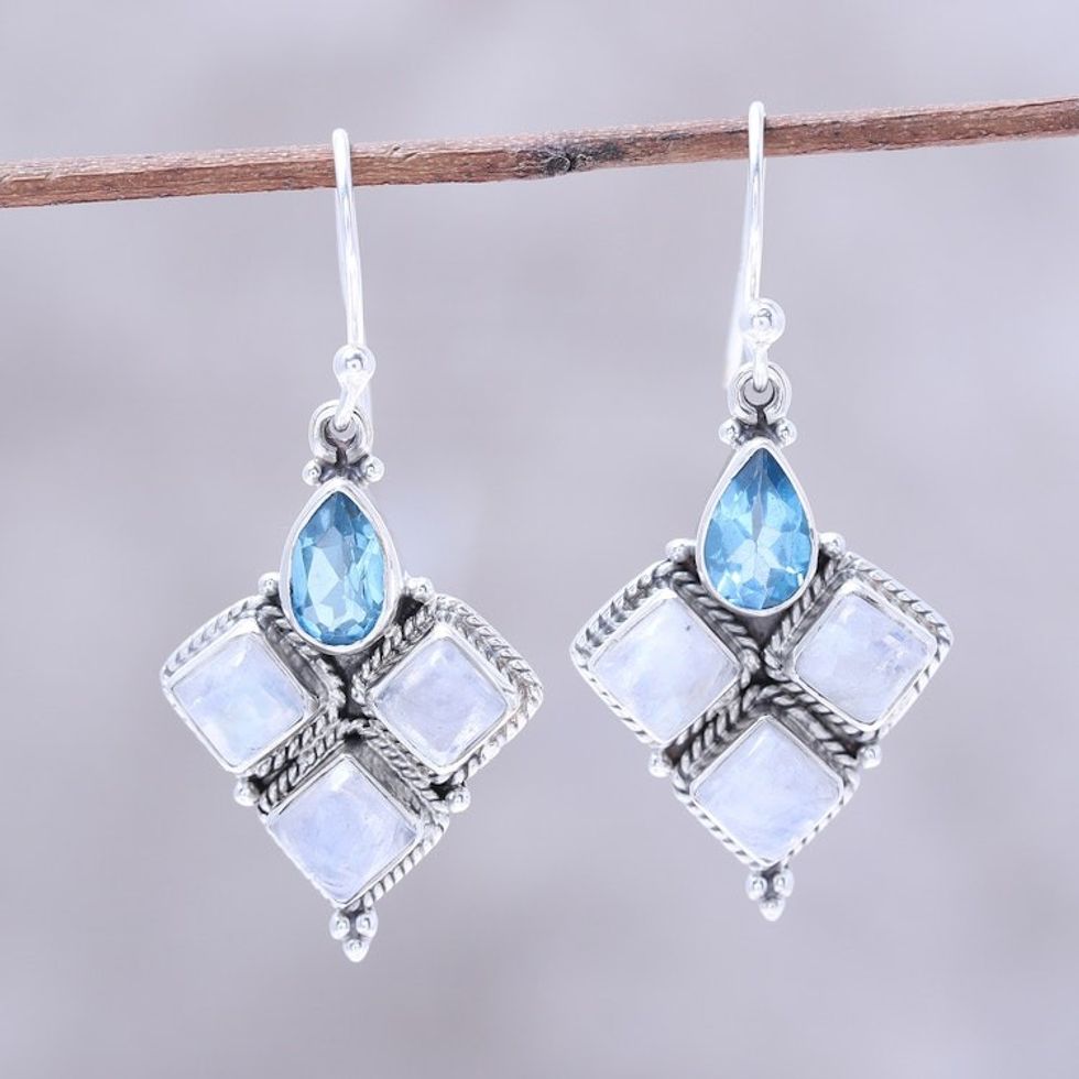 Rainbow Moonstone and Faceted Blue Topaz Earrings from India 'Morning Delight'
