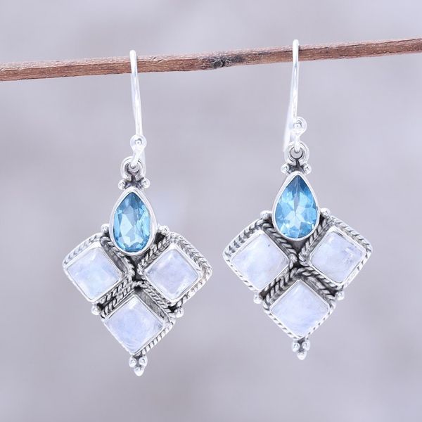 Alternate image for Rainbow Moonstone and Faceted Blue Topaz Earrings from India Morning Delight