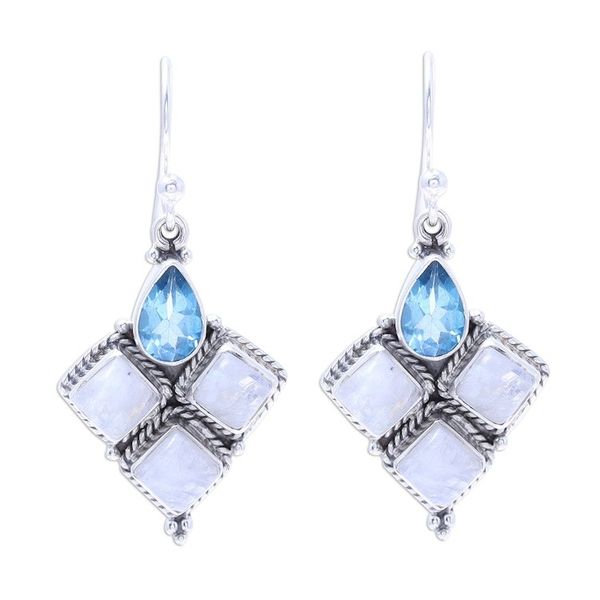 Alternate image for Rainbow Moonstone and Faceted Blue Topaz Earrings from India Morning Delight