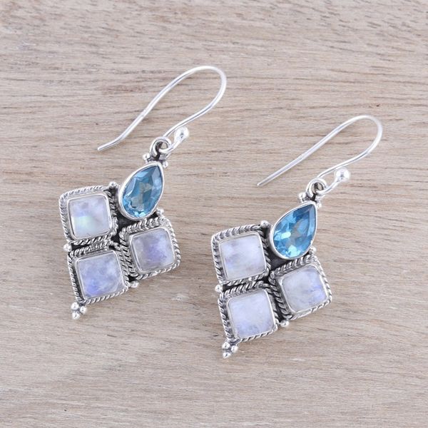 Alternate image for Rainbow Moonstone and Faceted Blue Topaz Earrings from India Morning Delight