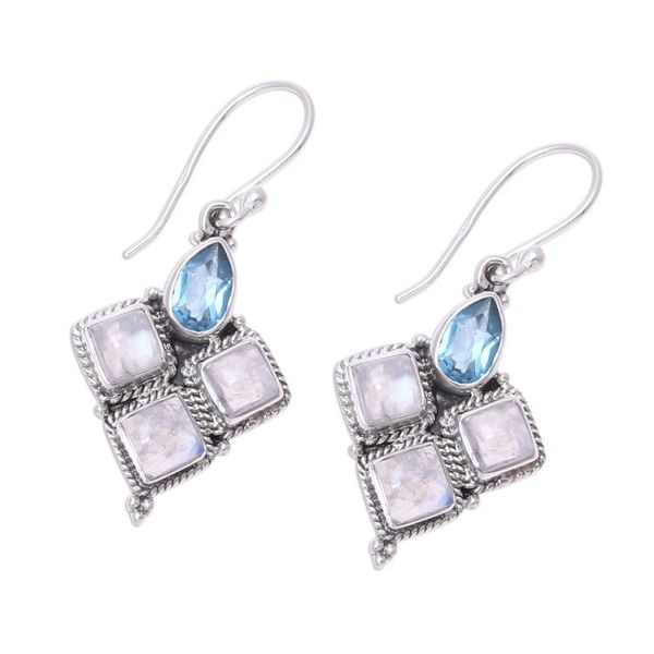 Alternate image for Rainbow Moonstone and Faceted Blue Topaz Earrings from India Morning Delight