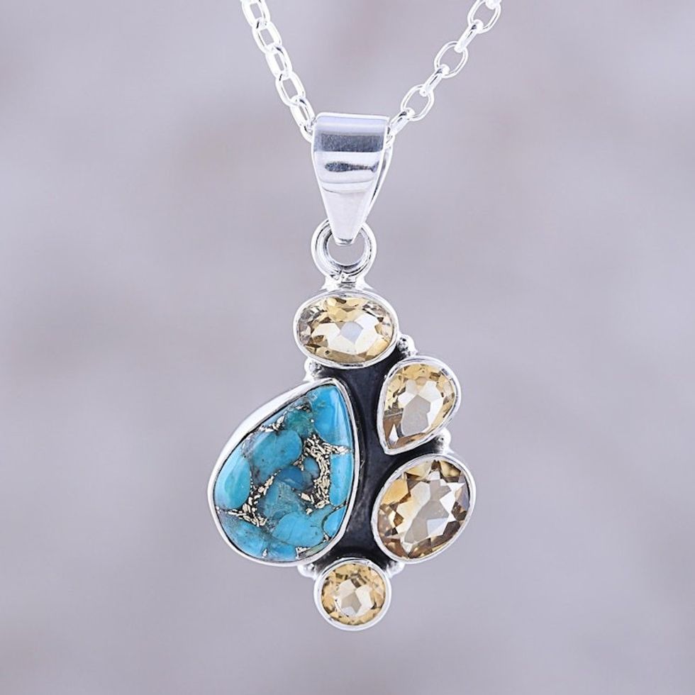 Citrine and Composite Turquoise Pendant Necklace from India 'Golden Fusion'