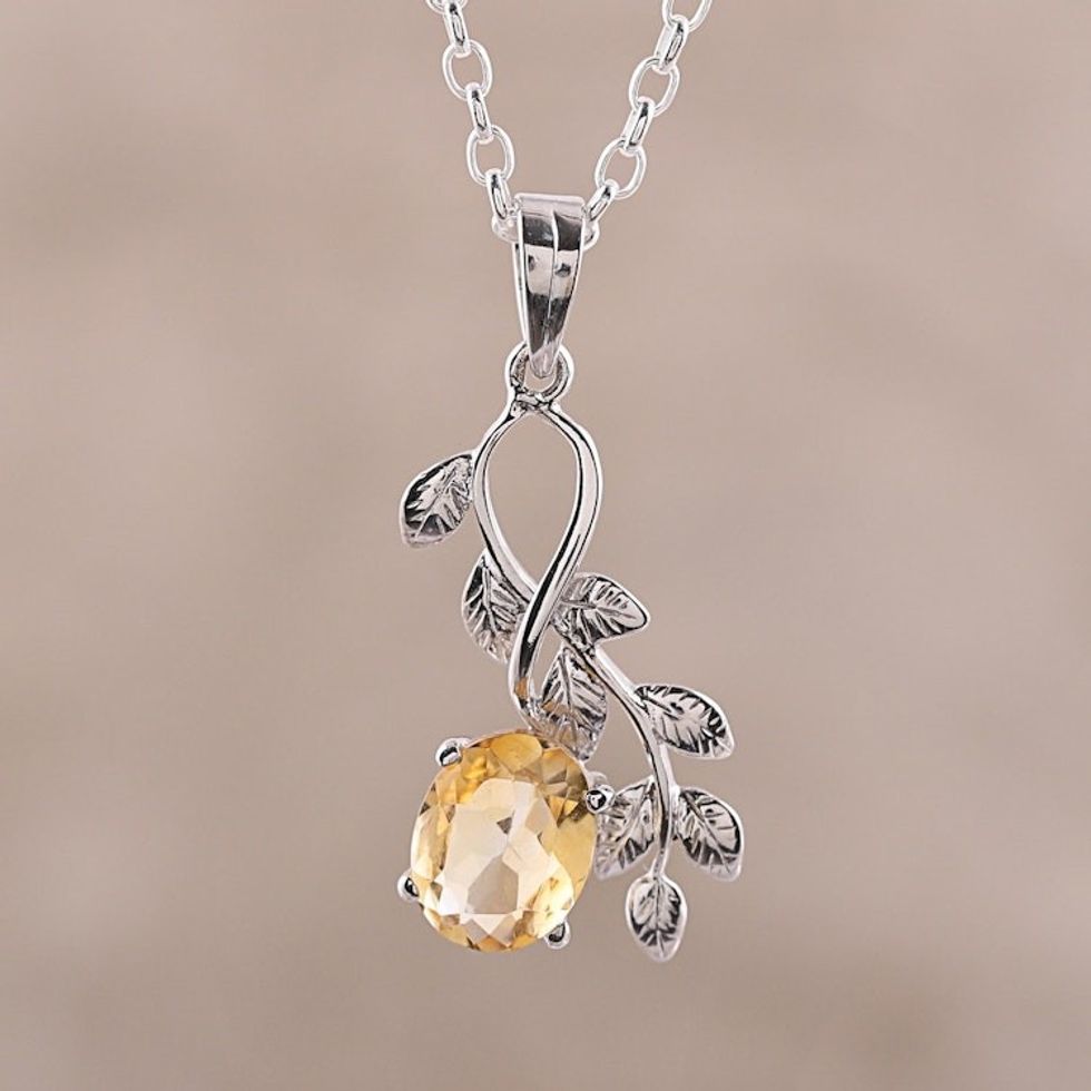 Leafy Rhodium Plated Citrine Pendant Necklace from India 'Glittering Vines'
