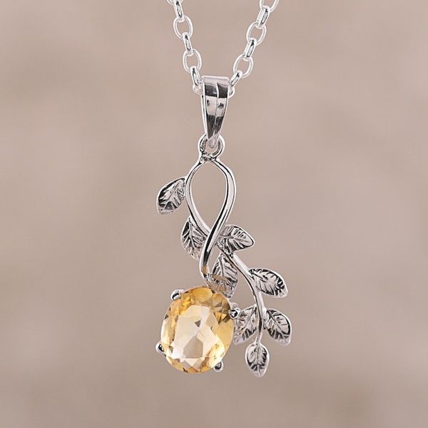 Alternate image for Leafy Rhodium Plated Citrine Pendant Necklace from India Glittering Vines