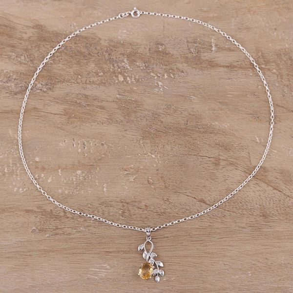 Alternate image for Leafy Rhodium Plated Citrine Pendant Necklace from India Glittering Vines