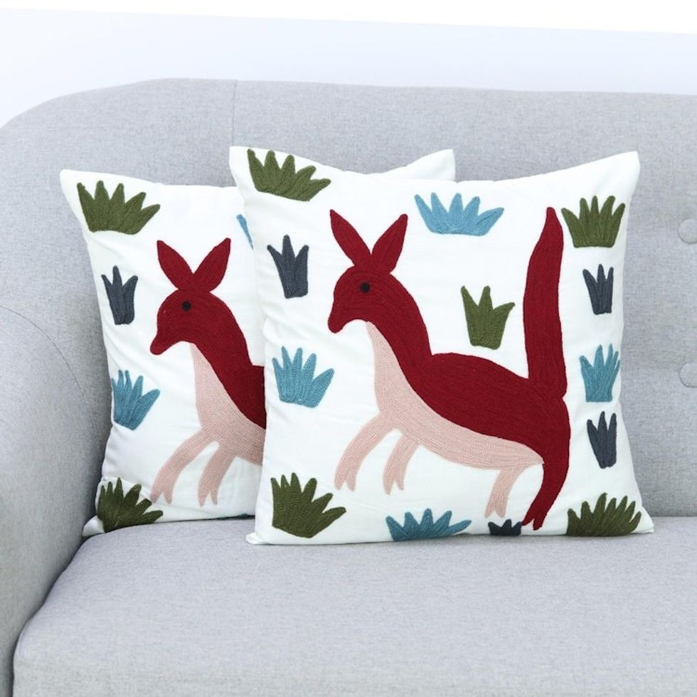 2 Aari Embroidery Folk Art Kangaroo Cotton Cushion Covers 'Joyful Joey'