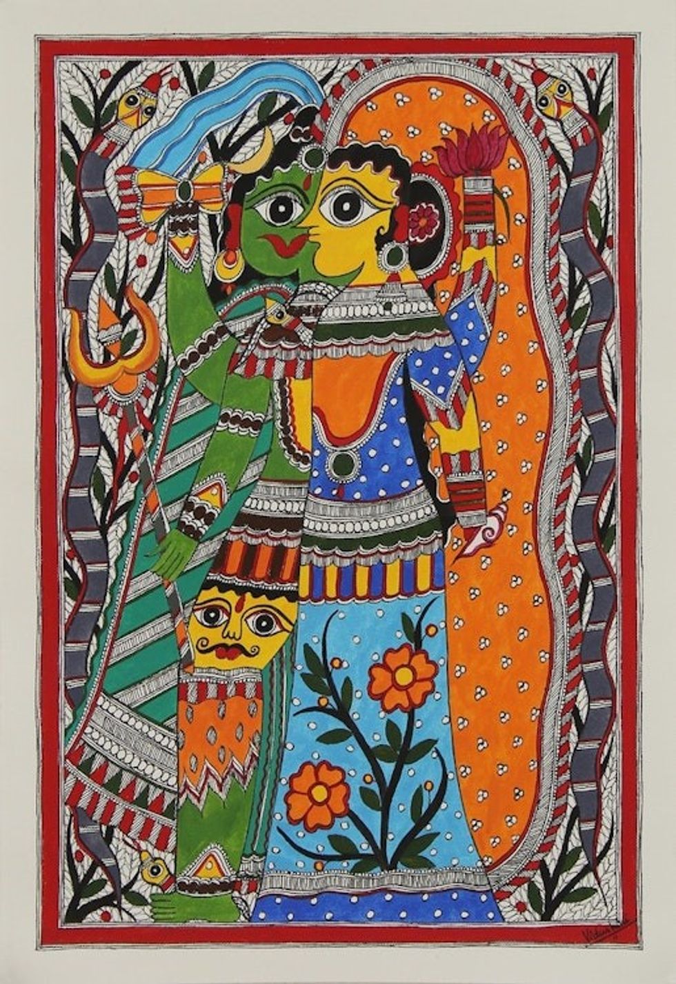 Shiva and Parvati Hindu Madhubani Painting from India 'Ardhnareshwar - The Divine...'