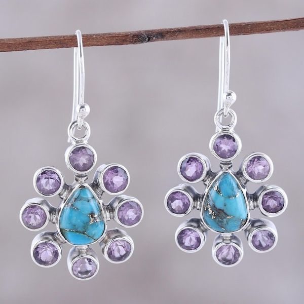 Alternate image for Amethyst Composite Turquoise Sterling Silver Dangle Earrings Peacock Reign
