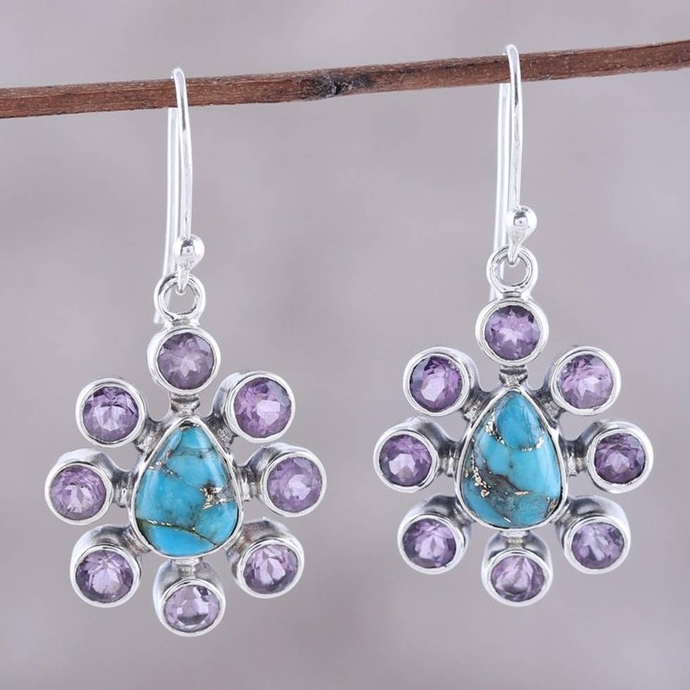 Amethyst Composite Turquoise Sterling Silver Dangle Earrings 'Peacock Reign'
