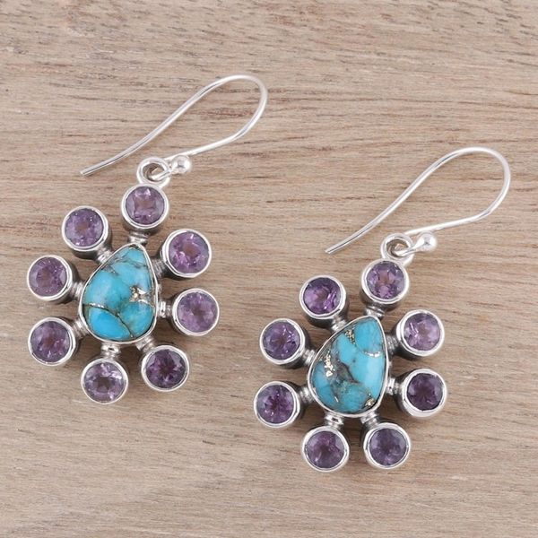 Alternate image for Amethyst Composite Turquoise Sterling Silver Dangle Earrings Peacock Reign