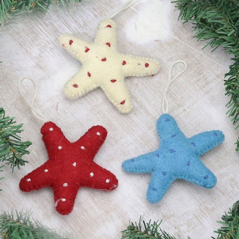 Festive Starfish Ornaments Made in India Set of 3 'Festive Sea Stars'