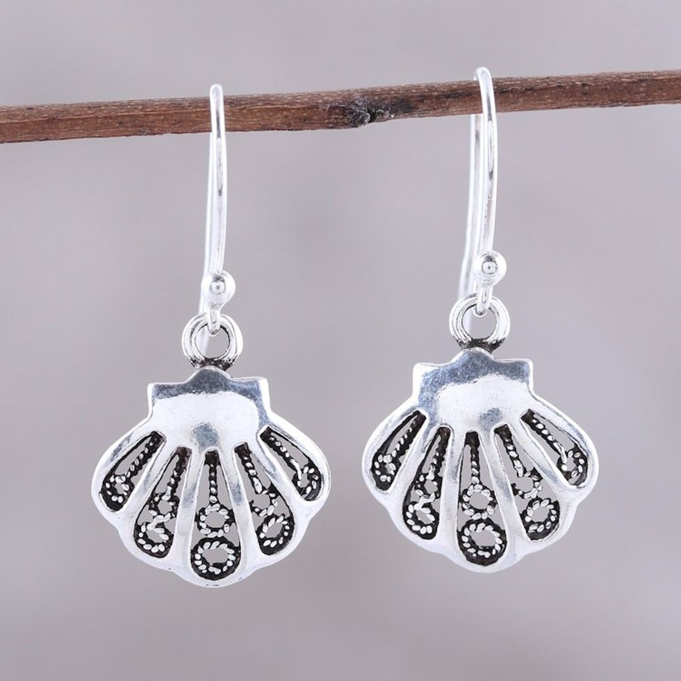 Seashell-Shaped Sterling Silver Dangle Earrings from India 'Bright Shells'