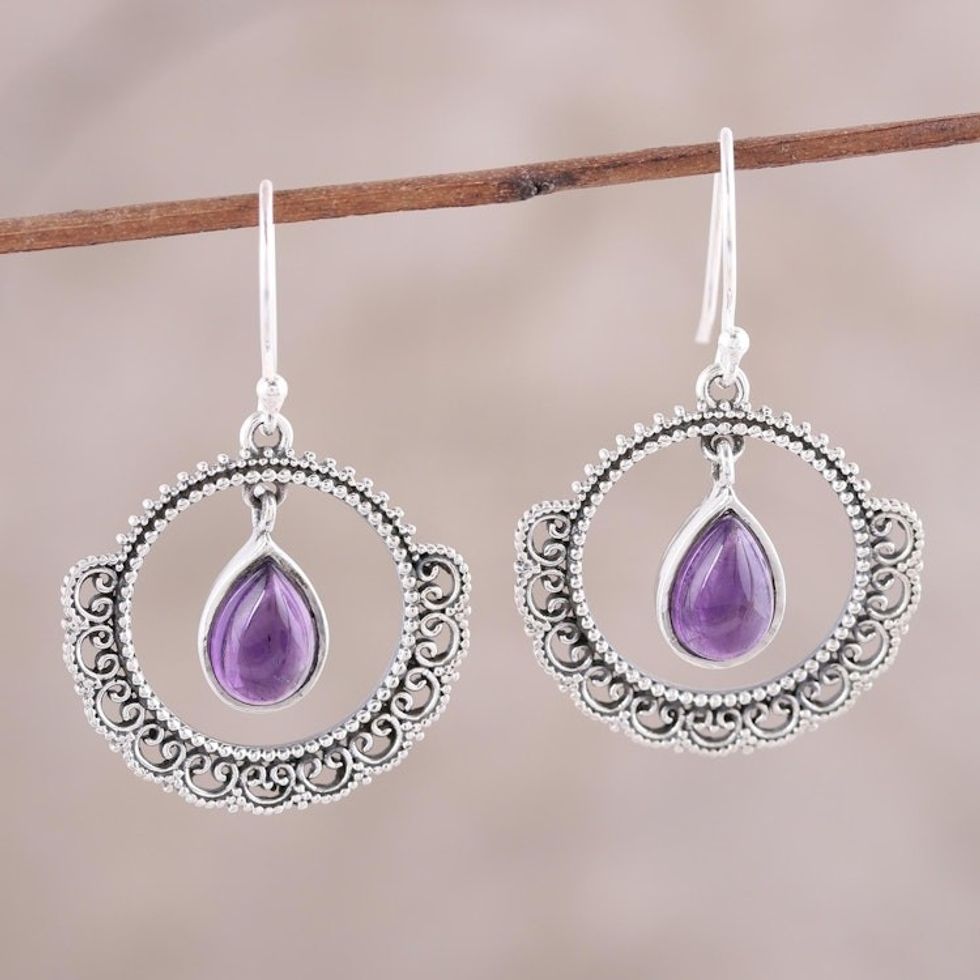 Sterling Silver and Amethyst Round Lace Dangle Earrings 'Mughal Lace'