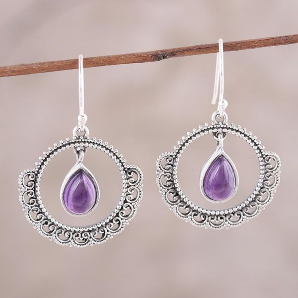 Alternate image for Sterling Silver and Amethyst Round Lace Dangle Earrings Mughal Lace