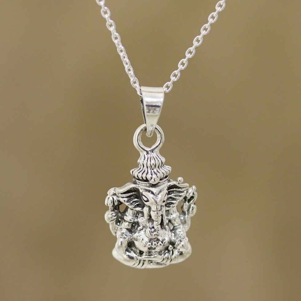 Ganesha Sterling Silver Pendant Necklace from India 'Majestic Ganesha'