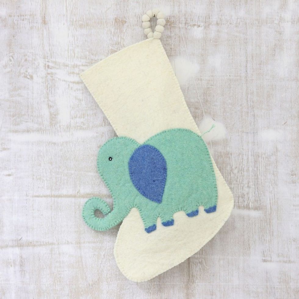 Ivory Wool Felt Elephant Christmas Stocking 'Holiday Elephant in Aqua'