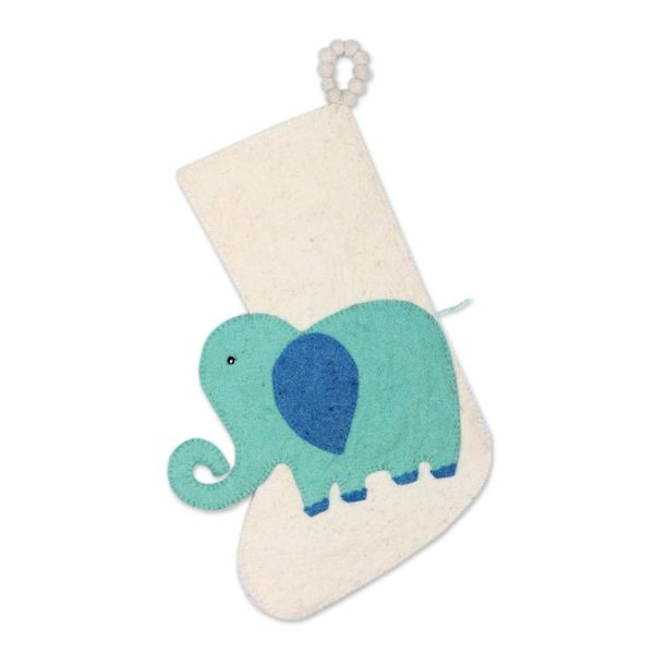 Alternate image for Ivory Wool Felt Elephant Christmas Stocking Holiday Elephant in Aqua