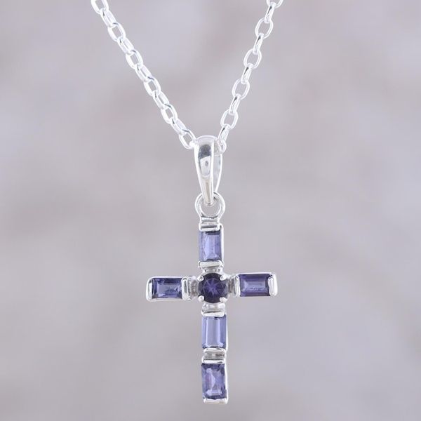 Alternate image for Iolite and Sterling Silver Cross Pendant Necklace from India Kolkata Cross