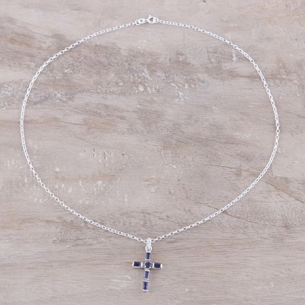 Alternate image for Iolite and Sterling Silver Cross Pendant Necklace from India Kolkata Cross