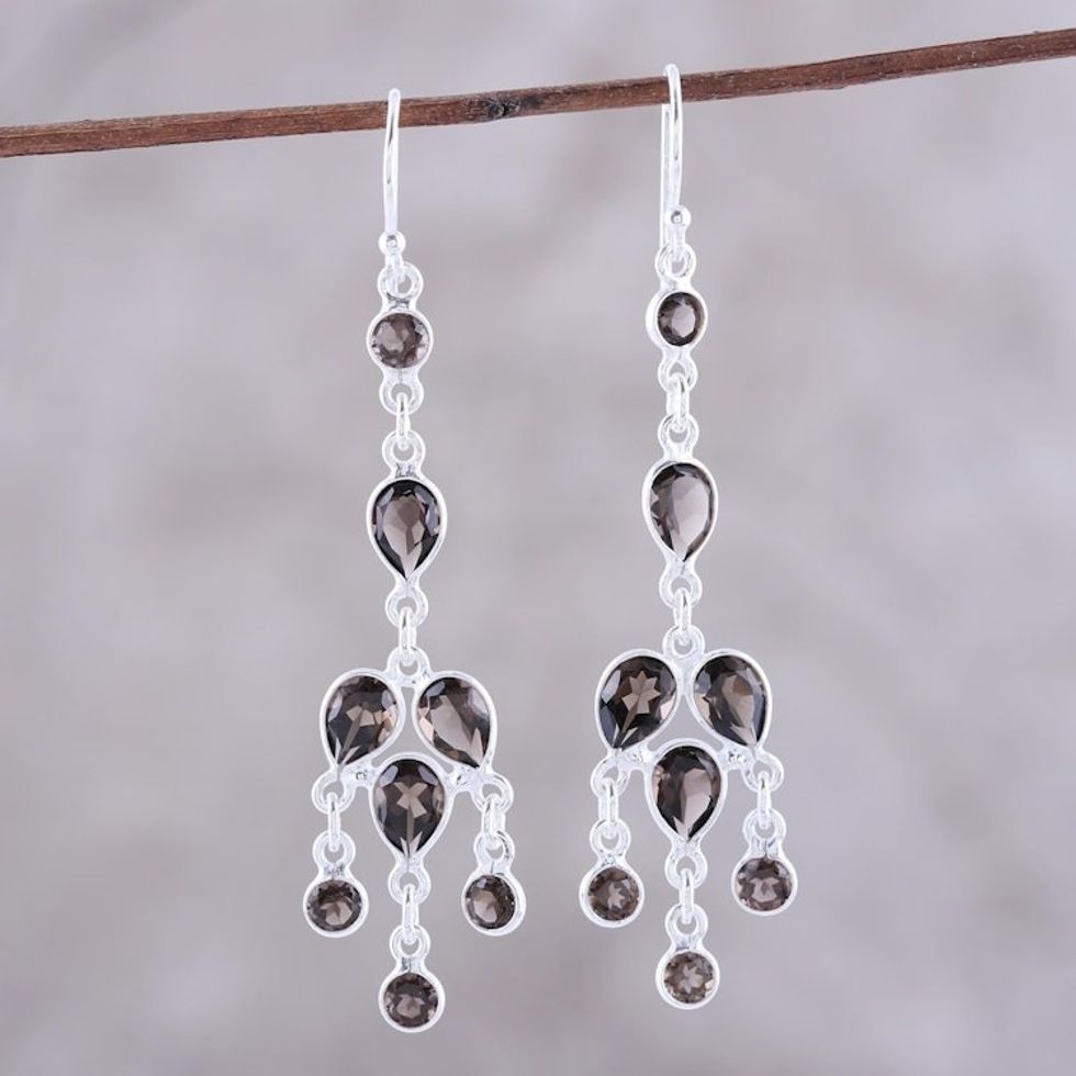 Sterling Silver and Smoky Quartz Chandelier Earrings 'Leafy Adornment'