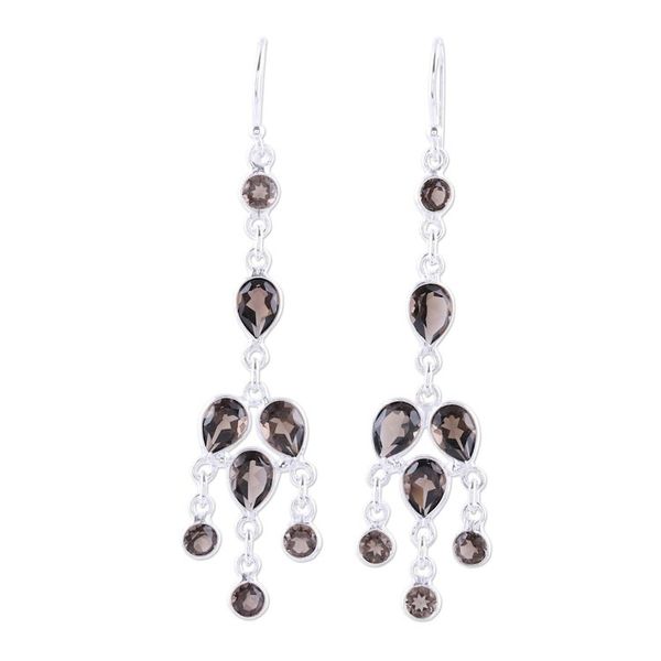 Alternate image for Sterling Silver and Smoky Quartz Chandelier Earrings Leafy Adornment