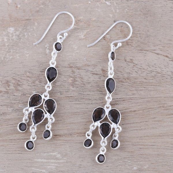 Alternate image for Sterling Silver and Smoky Quartz Chandelier Earrings Leafy Adornment