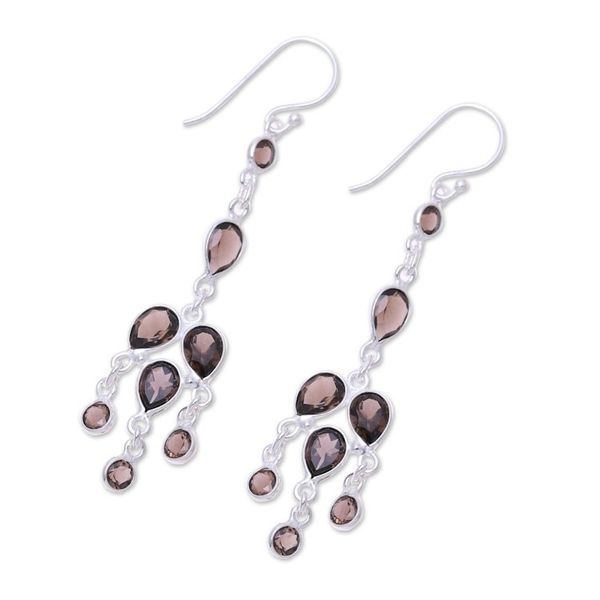 Alternate image for Sterling Silver and Smoky Quartz Chandelier Earrings Leafy Adornment