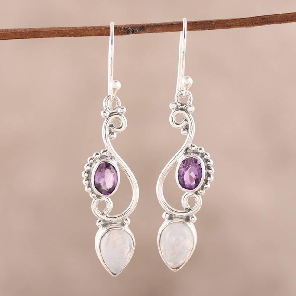 Swirl Motif Rainbow Moonstone and Amethyst Dangle Earrings 'Mystical Swirl'