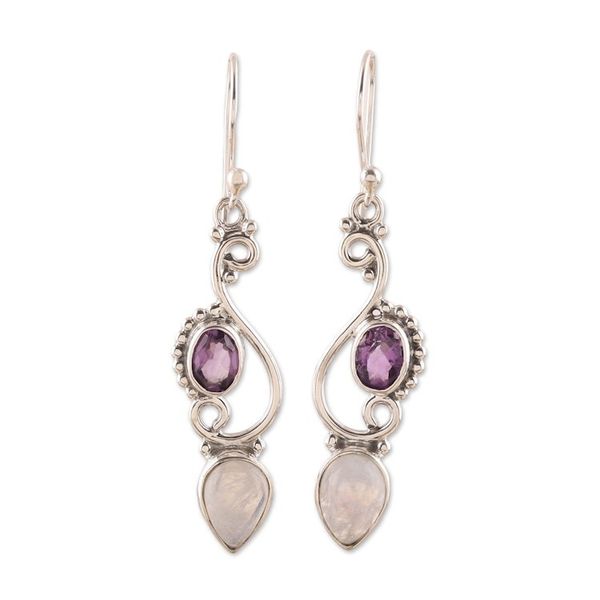 Alternate image for Swirl Motif Rainbow Moonstone and Amethyst Dangle Earrings Mystical Swirl