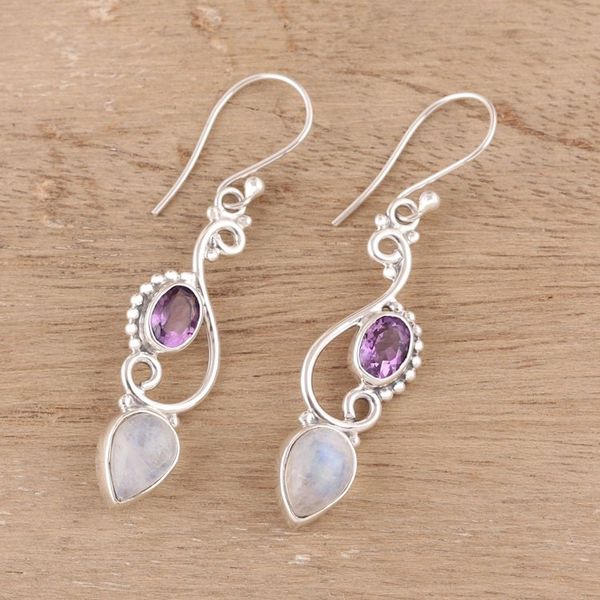 Alternate image for Swirl Motif Rainbow Moonstone and Amethyst Dangle Earrings Mystical Swirl