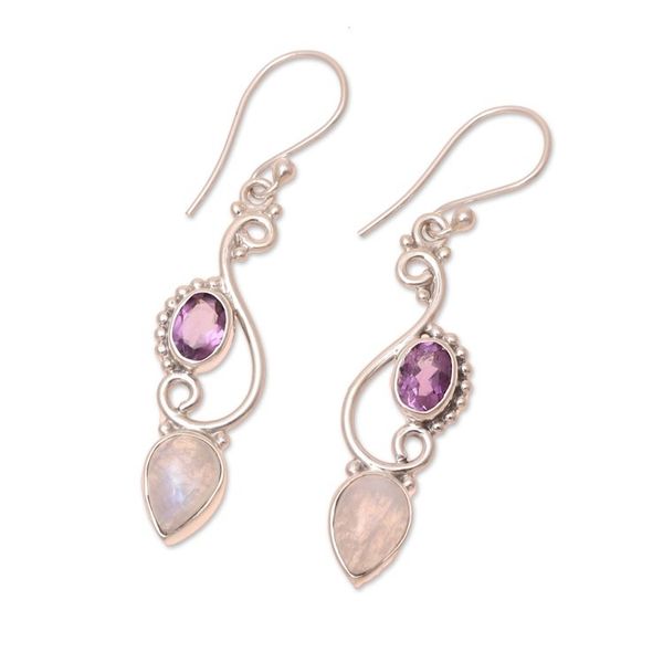 Alternate image for Swirl Motif Rainbow Moonstone and Amethyst Dangle Earrings Mystical Swirl