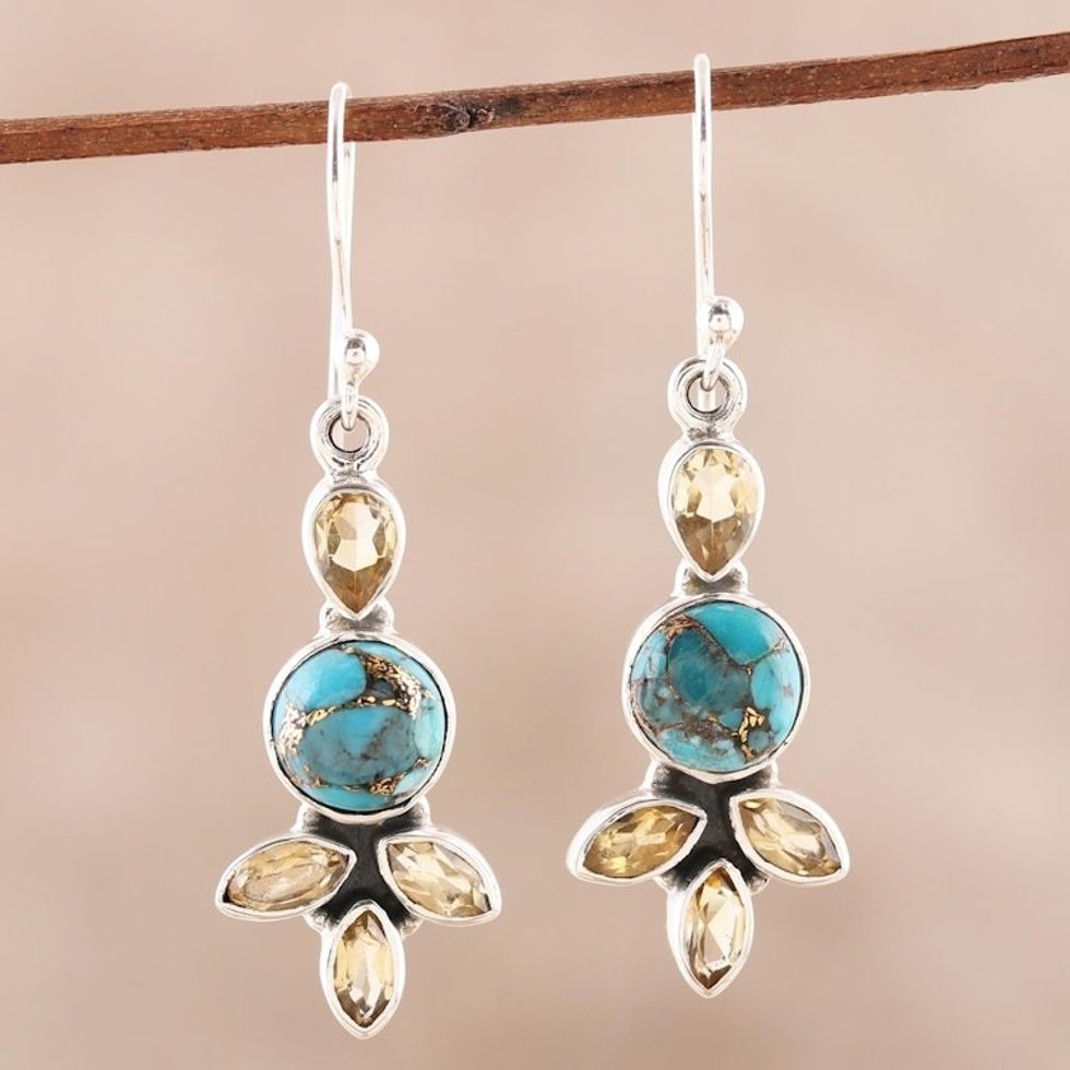 Citrine and Composite Turquoise Dangle Earrings from India 'Glimmering Glory'