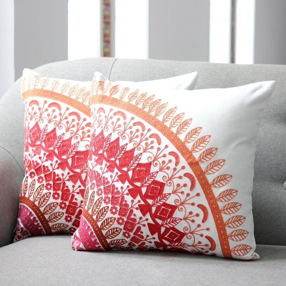 Embroidered Cotton Cushion Covers in Pink from India Pair 'Divine Orchard in Pink'