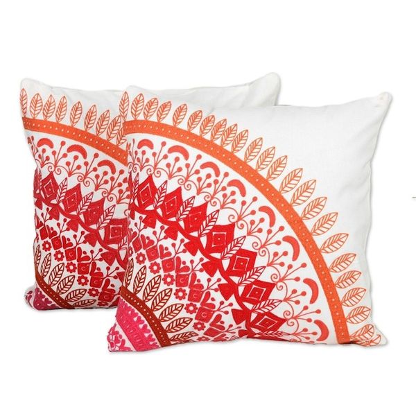 Alternate image for Embroidered Cotton Cushion Covers in Pink from India Pair Divine Orchard in Pink