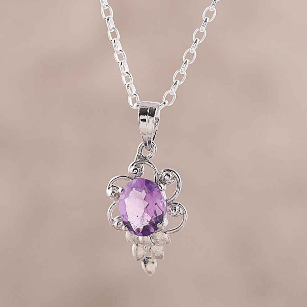 Rhodium Plated Amethyst Pendant Necklace from India 'Lilac Elegance'