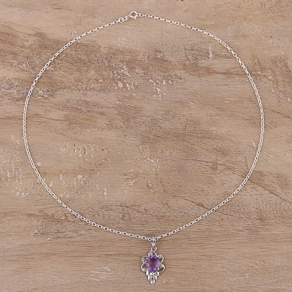 Alternate image for Rhodium Plated Amethyst Pendant Necklace from India Lilac Elegance