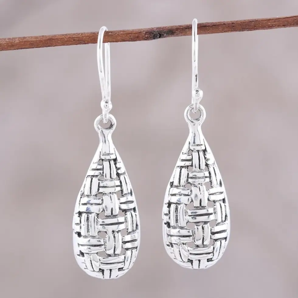 Sterling Silver Basketweave Dangle Earrings from India 'Woven Dew'