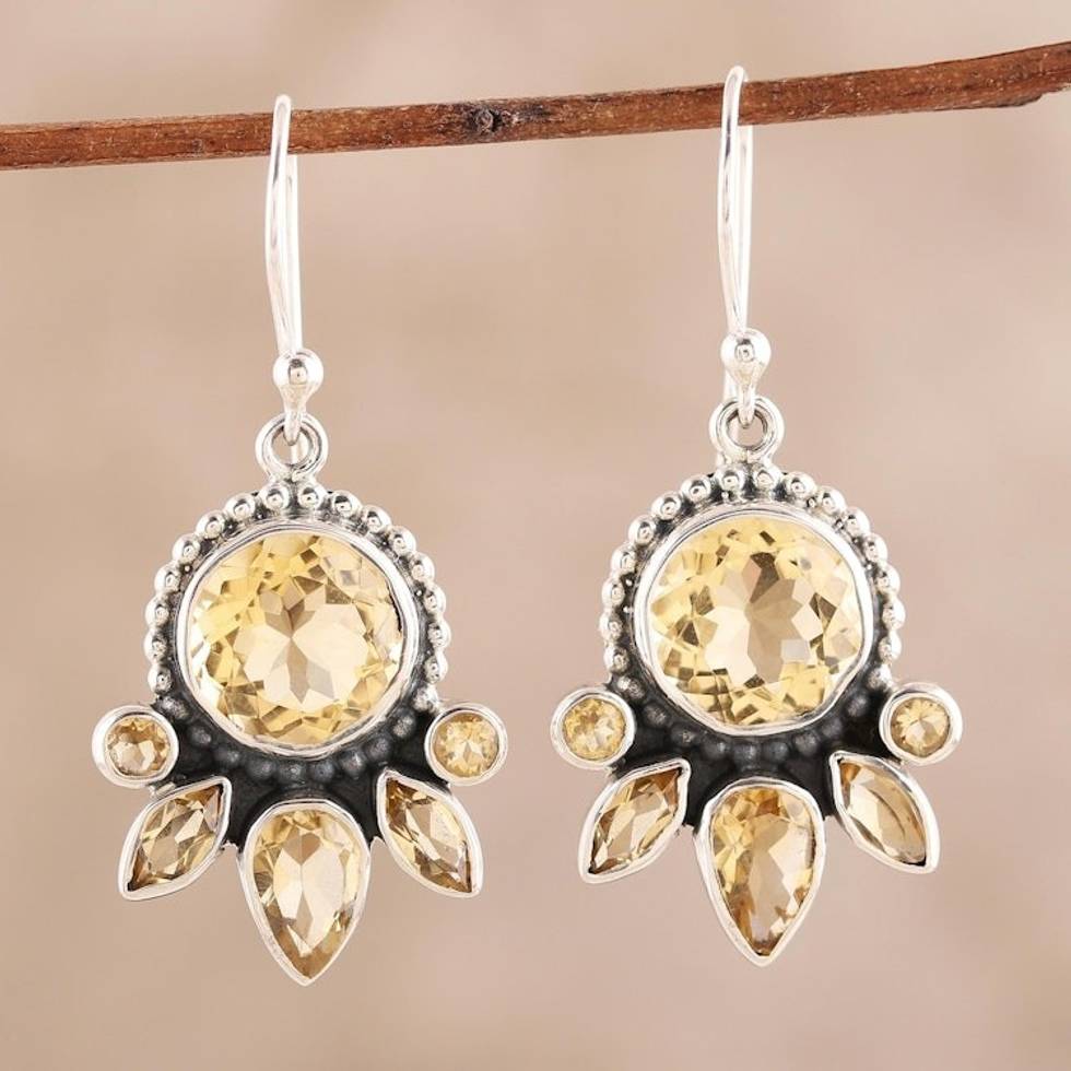 10.4-Carat Citrine Dangle Earrings from India 'Sunny Bloom'