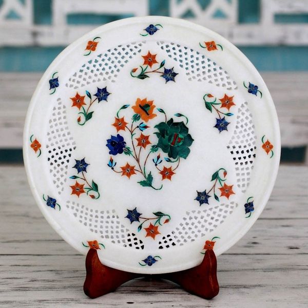 Alternate image for Indian Marble and Gemstone Inlay Plate and Stand Summer Bouquet