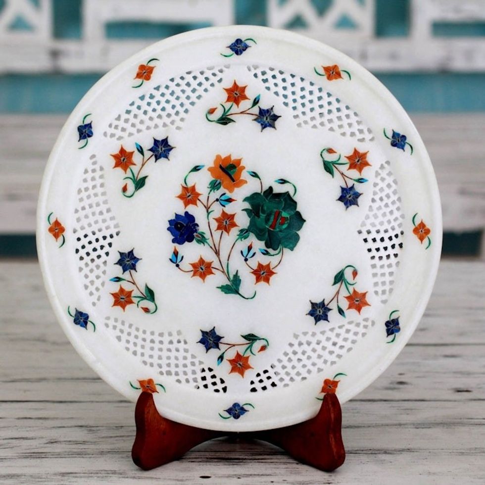 Indian Marble and Gemstone Inlay Plate and Stand 'Summer Bouquet'