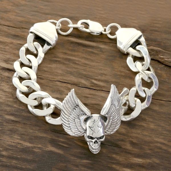 Alternate image for Mens Winged Skull Sterling Silver Pendant Bracelet Flight of the Skull