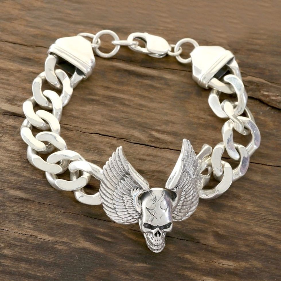 Men's Winged Skull Sterling Silver Pendant Bracelet 'Flight of the Skull'