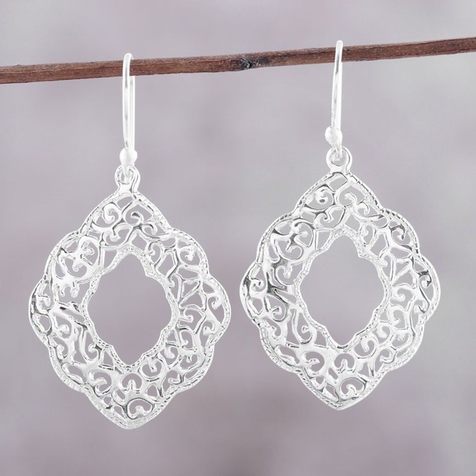 Wreath-Shaped Sterling Silver Dangle Earrings from India 'Mesh Wreath'