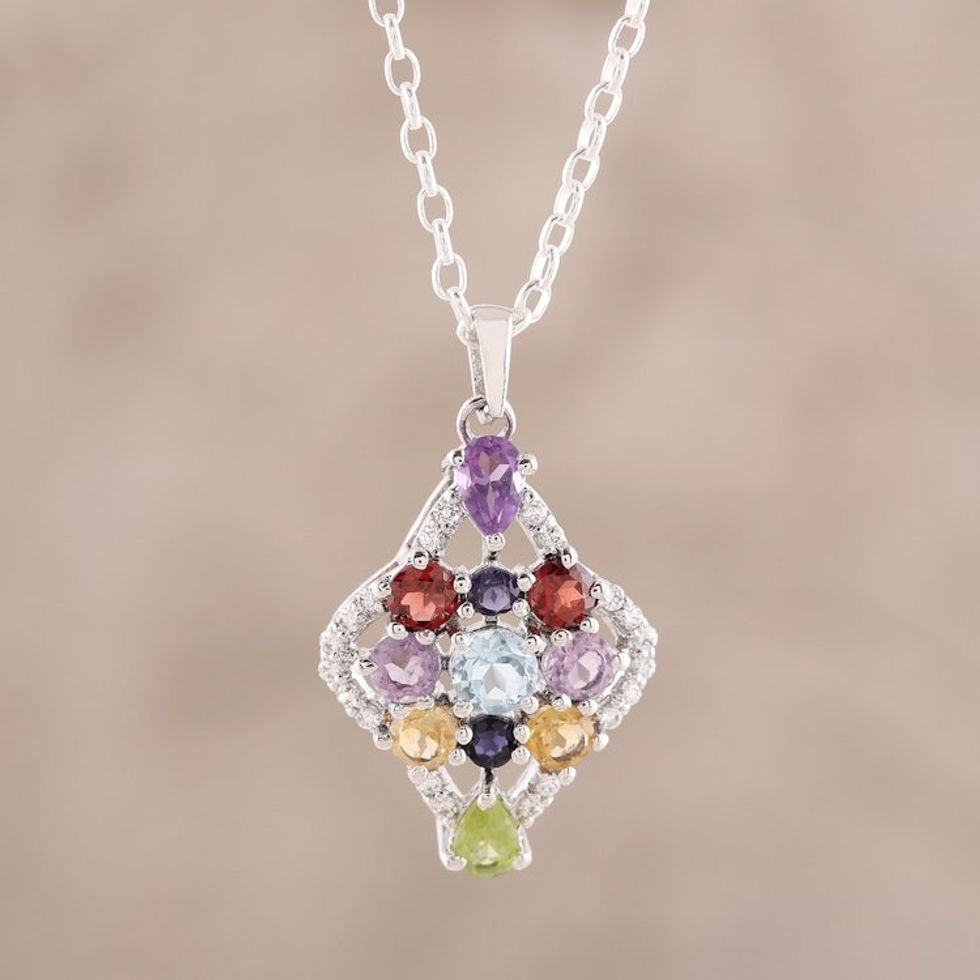 Colorful Multi-Gemstone Pendant Necklace from India 'Colorful Festivity'