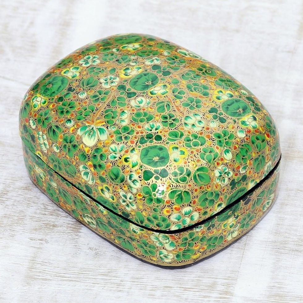 Wood and Papier Mache Decorative Box with Floral Leaf Design 'Lush Kashmir Valley'