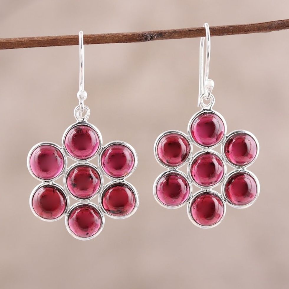 Garnet Cabochon Dangle Earrings from India 'Orb Bliss'