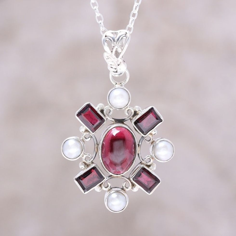 Garnet and Cultured Pearl Pendant Necklace from India 'Alluring Style'